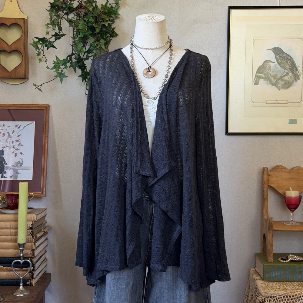 Gray Crochet Back waterfall Cardigan Boho XXL Fairy Grunge Dark Romantic